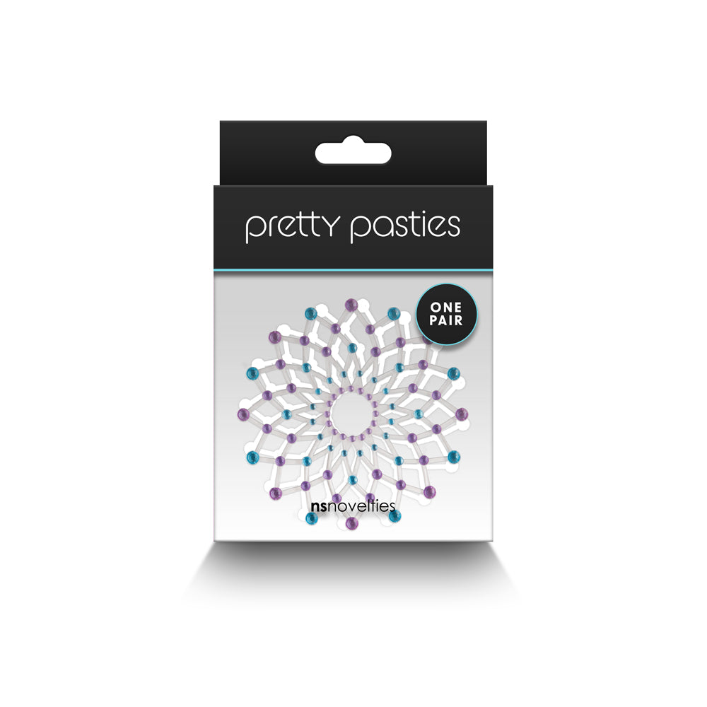 Pretty Pasties Charm Ii Blue Nipple Covers packaging design by NS Novelties featuring playful color accents.