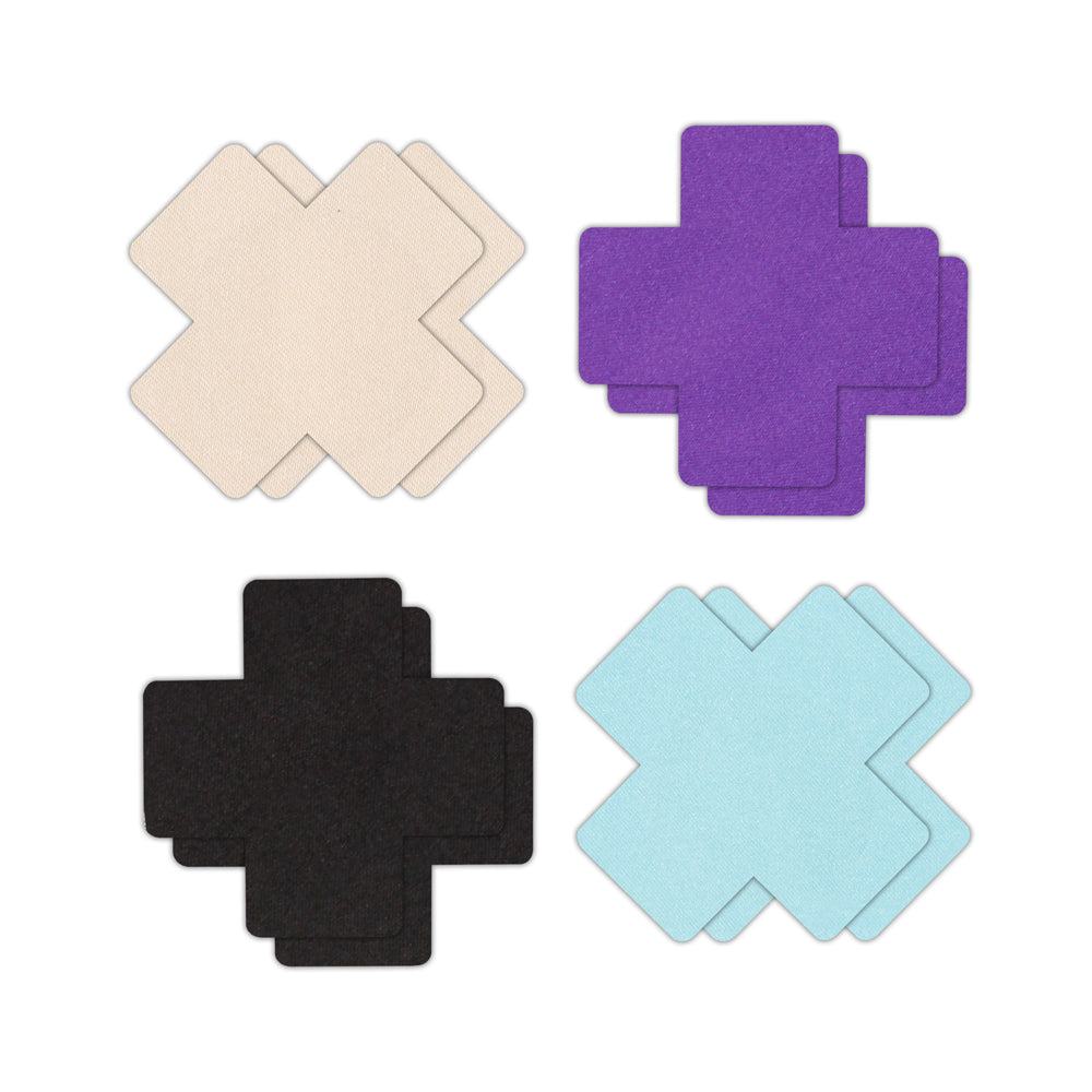 Pretty Pasties Cross I Assorted 4 Pair featuring various colored adhesive nipple covers in cross shapes.