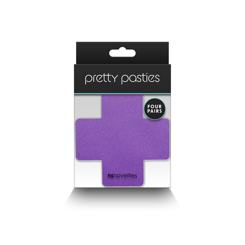 Pretty Pasties Cross I Assorted 4 Pair in purple packaging featuring four pairs of adhesive nipple covers.