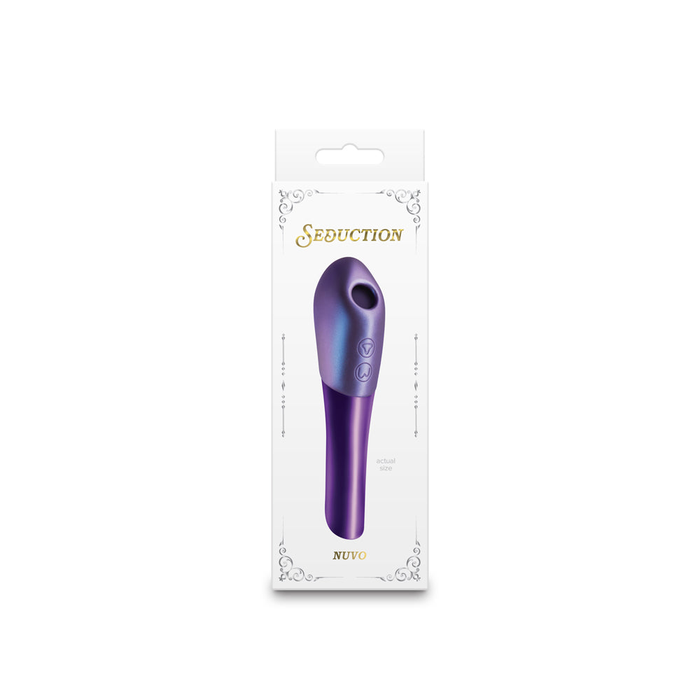 Seduction Nuvo Air Suction Stimulator Metallic Purple packaging showcasing its elegant design.