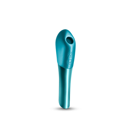 Seduction Nuvo Air Pulse Stimulator Metallic Teal, a compact pleasure device with air pulse and vibration features.