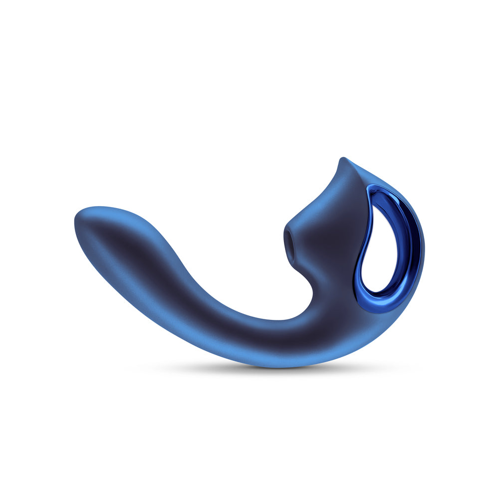 Seduction Kaia Metallic Blue Air Pulse Vibrator showcasing its elegant design and dual-action capabilities.