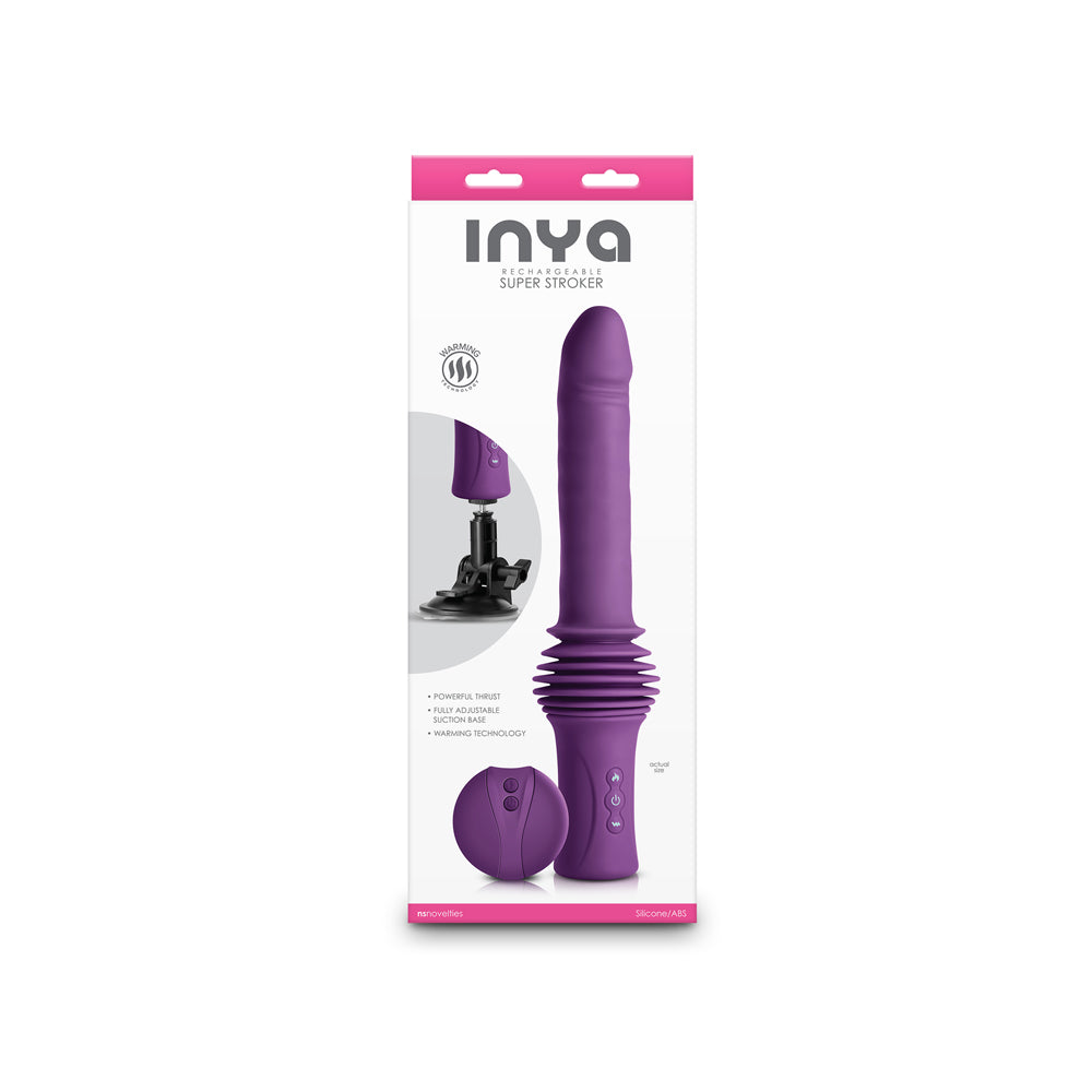 Inya Super Stroker Thrusting Vibrator Purple in packaging with suction base and controls featuring powerful thrust technology.