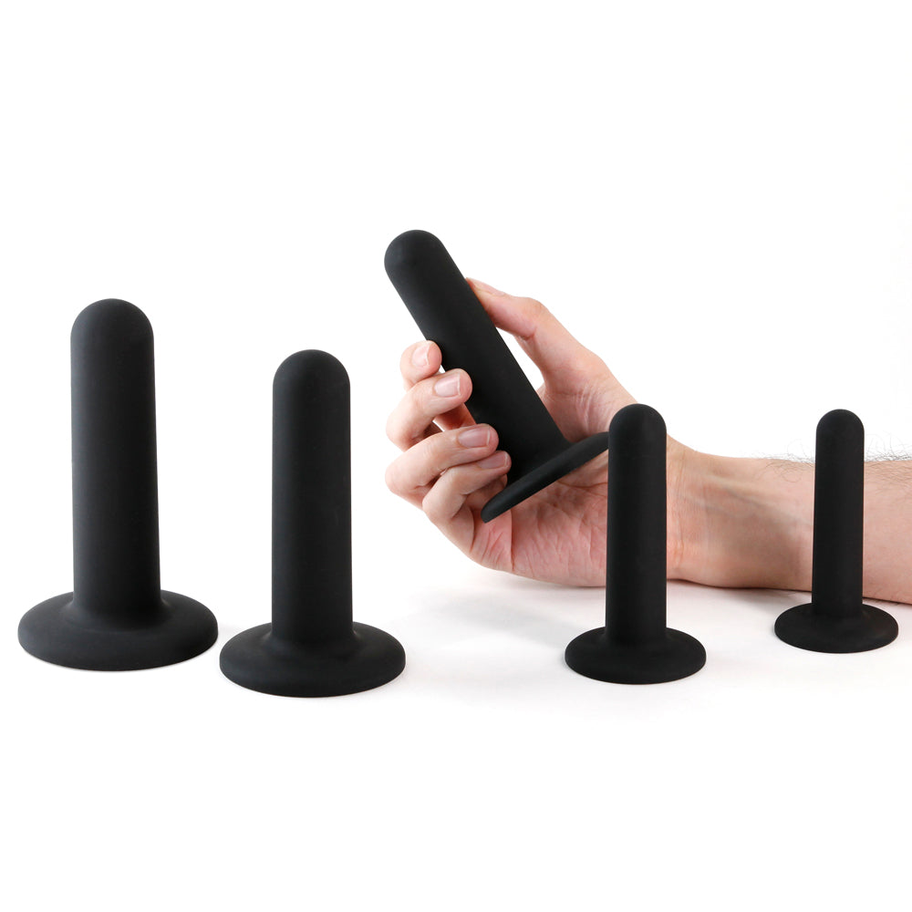 Renegade 5 Piece Silicone Dilator Kit Black displayed with graduated sizes for intimate enhancement.