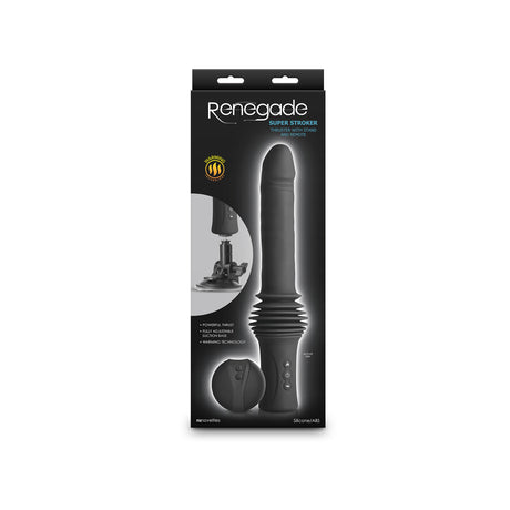 Renegade Super Stroker Thrusting Dildo Black packaging with features and controls highlighted.
