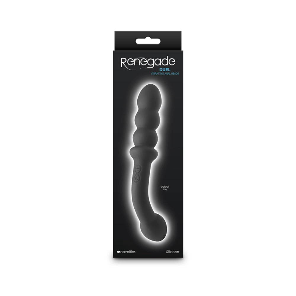 Renegade Duel Dual Ended Anal Vibrator Black packaging showcasing its dual-ended design and features.