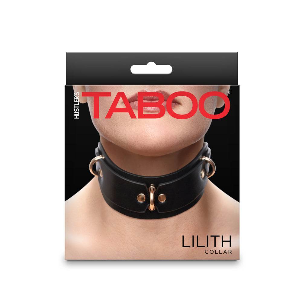 Hustler's Taboo Lilith Collar Black packaging featuring a striking adjustable collar for Doms and Subs.