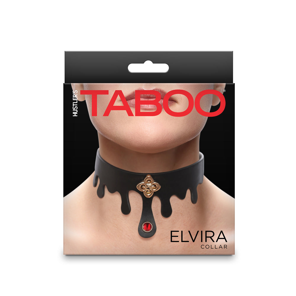Hustler's Taboo Elvira Collar Black packaging featuring elegant design and jeweled detailing.