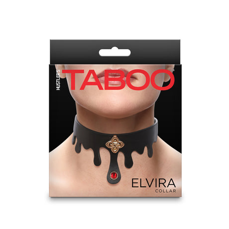 Hustler's Taboo Elvira Collar Black packaging featuring elegant design and jeweled detailing.