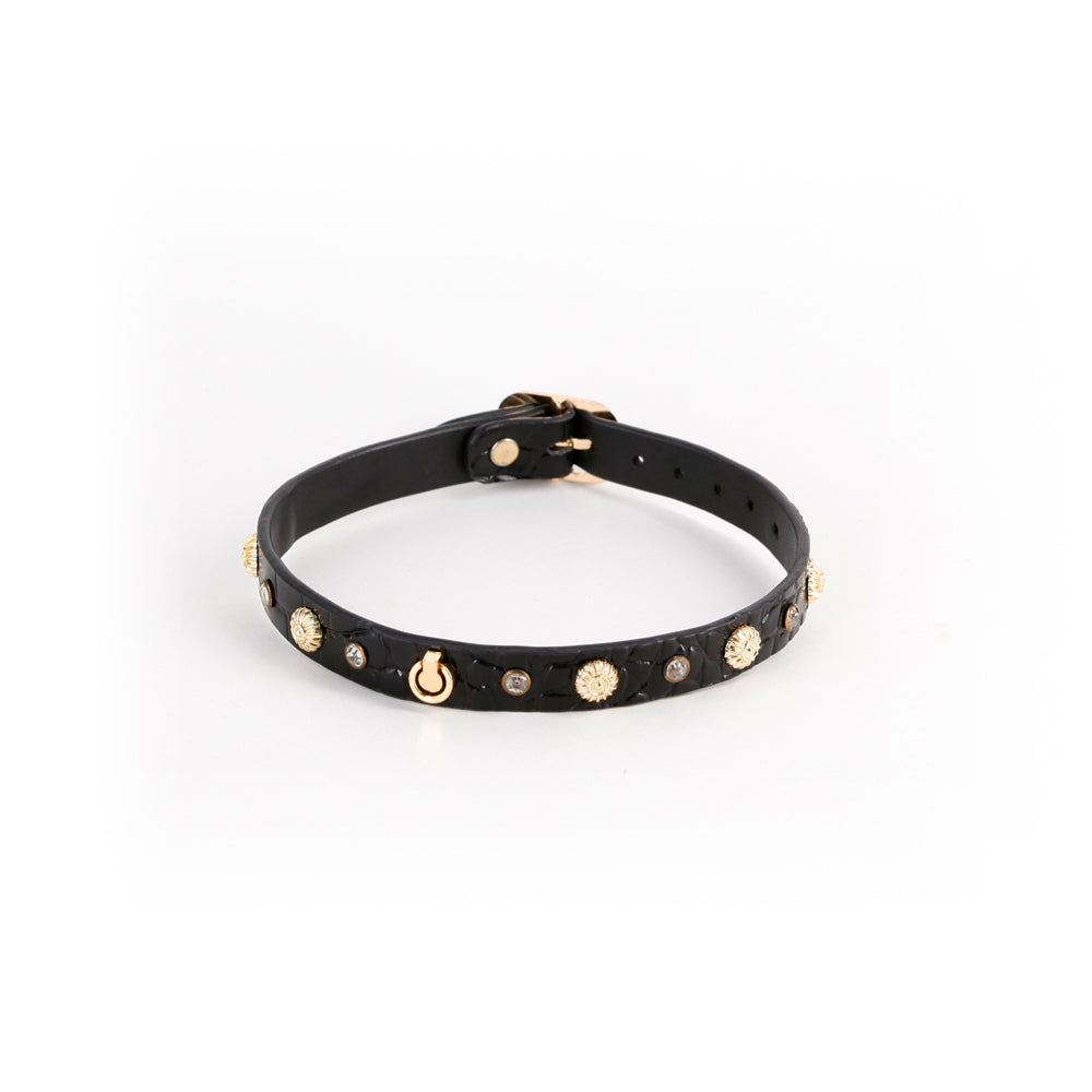 Hustler's Taboo Alina Collar Black with crystal gems and gold accents on a black strap.