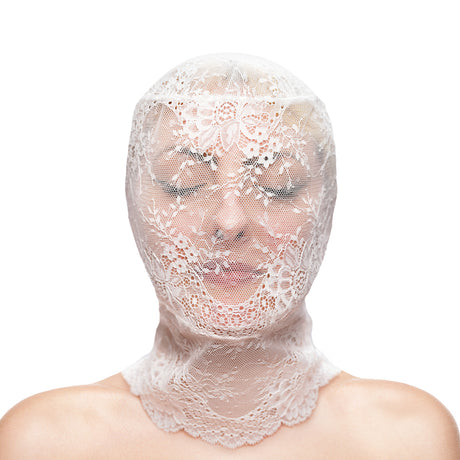 Hustler's Taboo Lace Hood White full-face lace covering for intimate power-play and allure.