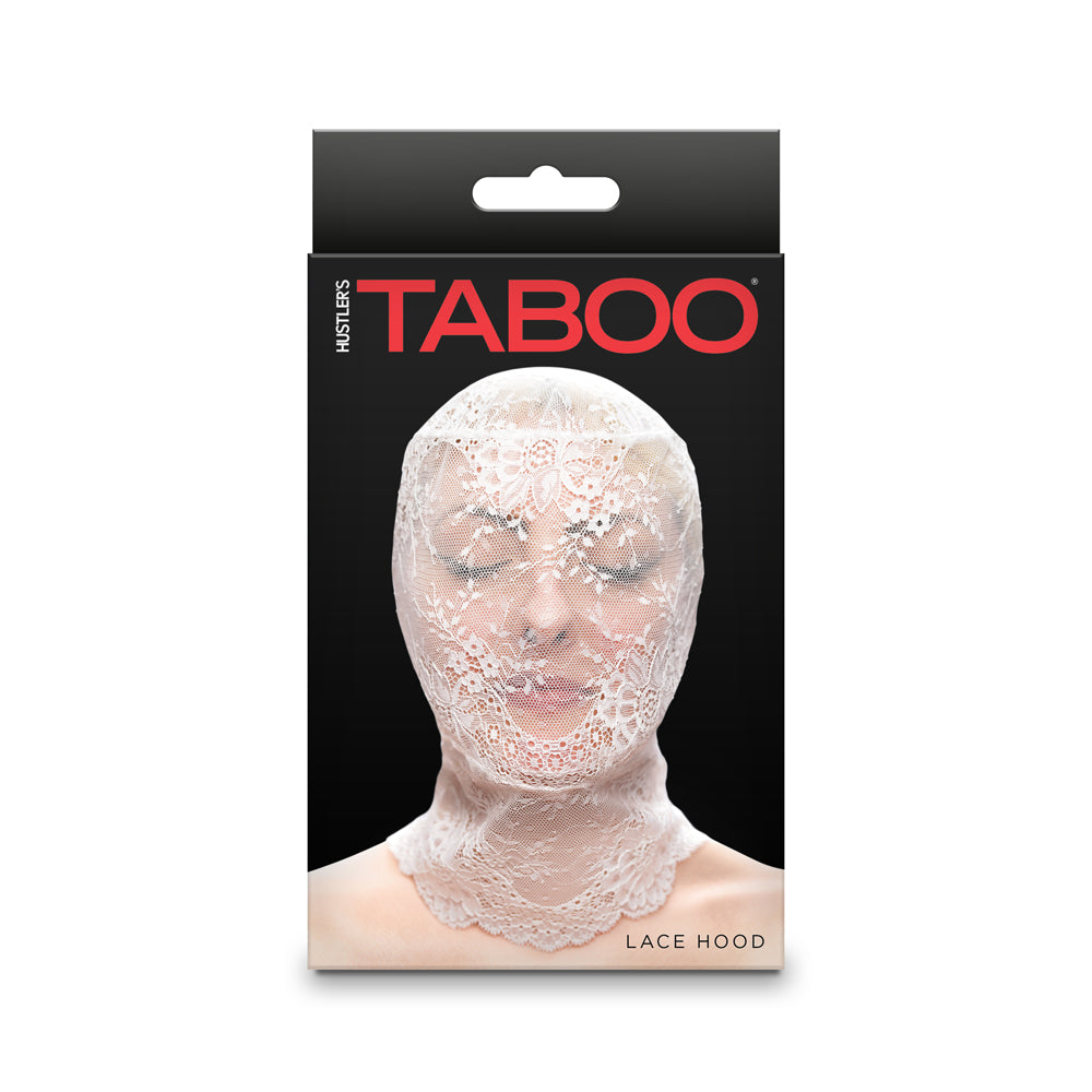 Hustler's Taboo Lace Hood White packaging showing a full-face lace covering for intimate play.