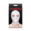 Hustler's Taboo Eyes Hood White packaging featuring a model wearing the hood with only eyes exposed.