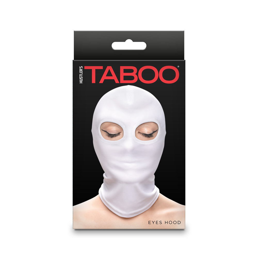 Hustler's Taboo Eyes Hood White packaging featuring a model wearing the hood with only eyes exposed.