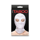 Hustler's Taboo Eyes Hood White packaging featuring a model wearing the hood with only eyes exposed.