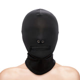 Hustler's Taboo Zippered Mouth Hood Black, snug sensory-deprivation hood with zippered mouth opening for control.