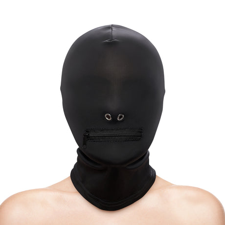 Hustler's Taboo Zippered Mouth Hood Black, snug sensory-deprivation hood with zippered mouth opening for control.