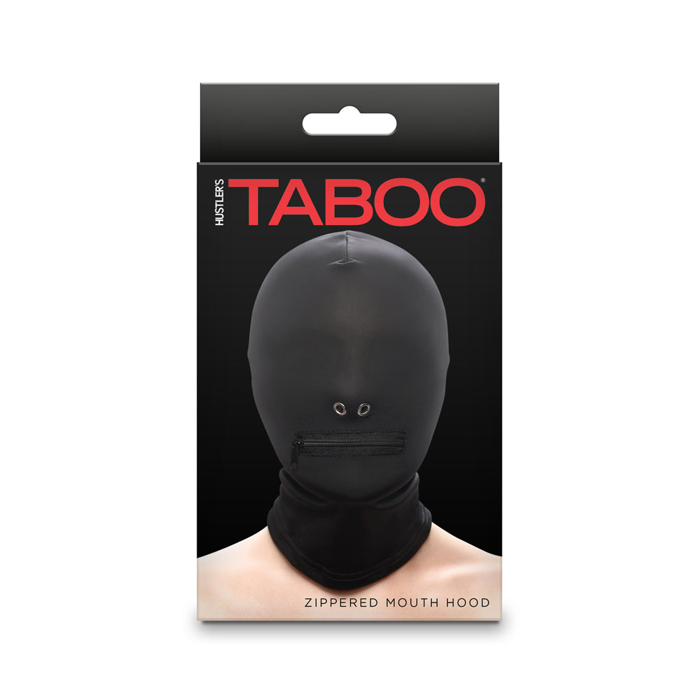 Hustler's Taboo Zippered Mouth Hood Black packaging with a model wearing the hood, emphasizing its sensory deprivation features.