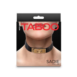 Hustler's Taboo Sadie Collar Black packaging featuring a sleek design and elegant lock detail.