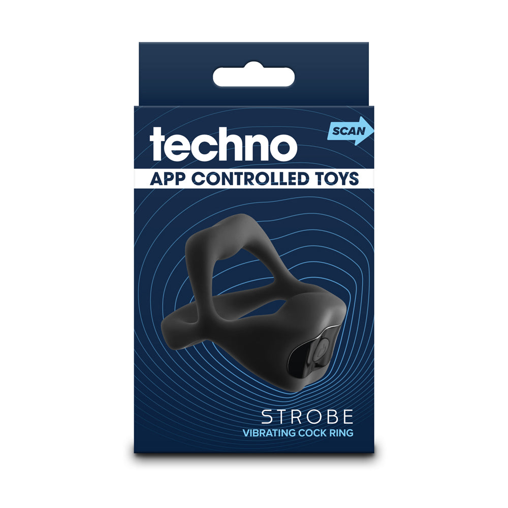 Techno Strobe App Compatible Cock Ring Black packaging featuring app-controlled vibrating ring design.