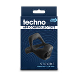 Techno Strobe App Compatible Cock Ring Black packaging featuring app-controlled vibrating ring design.