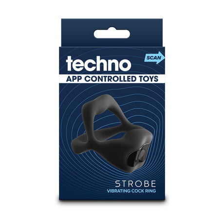 Techno Strobe App Compatible Cock Ring Black packaging featuring app-controlled vibrating ring design.