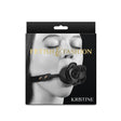 Fetish & Fashion Kristine Black Silicone Ball Gag packaging featuring a model demonstrating its design.
