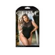 Fantasy Lingerie Raven High Neck Bodysuit 1X 2X packaging featuring a model wearing the bodysuit, showcasing its elegant design.