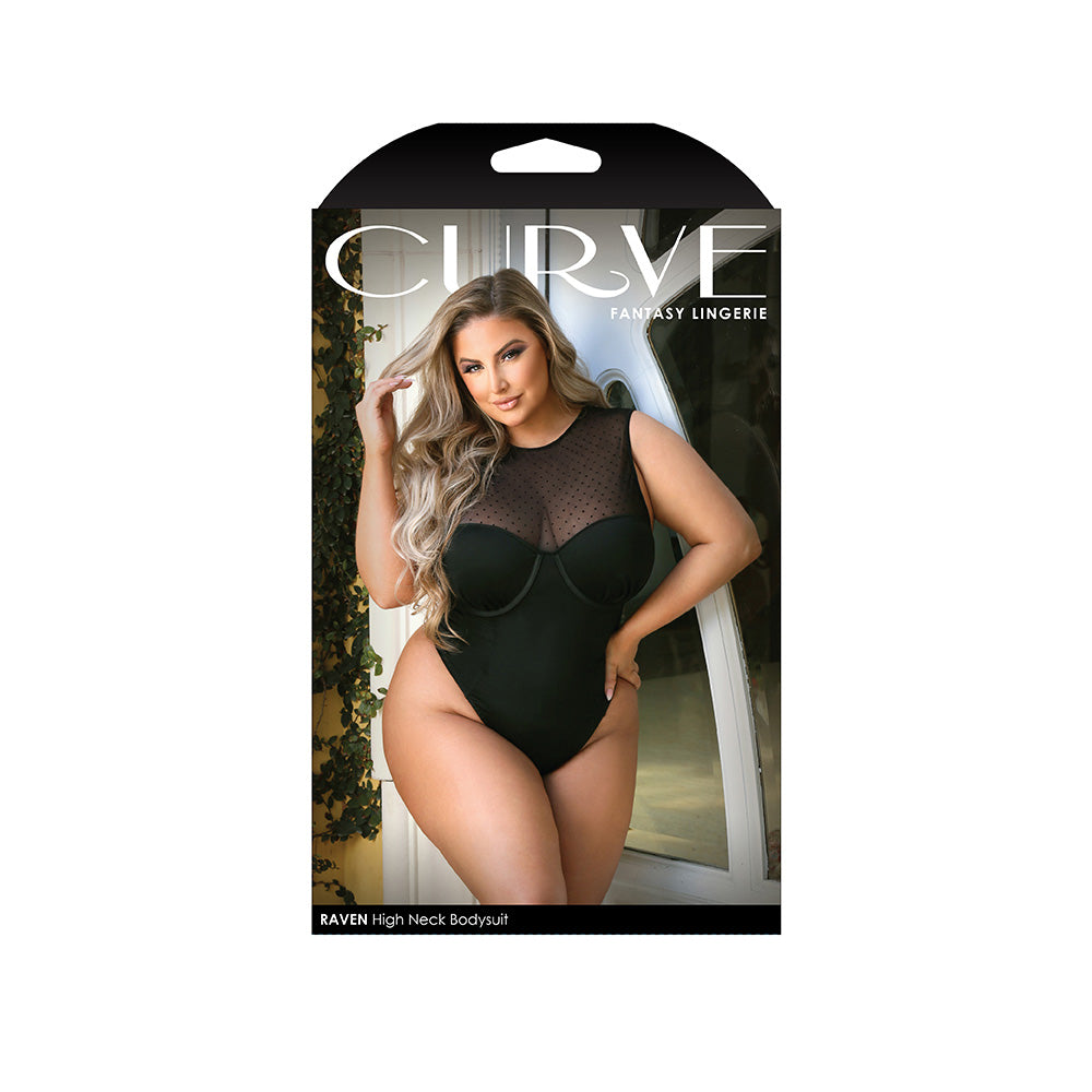 Fantasy Lingerie Raven High Neck Bodysuit 1X 2X packaging featuring a model wearing the bodysuit, showcasing its elegant design.