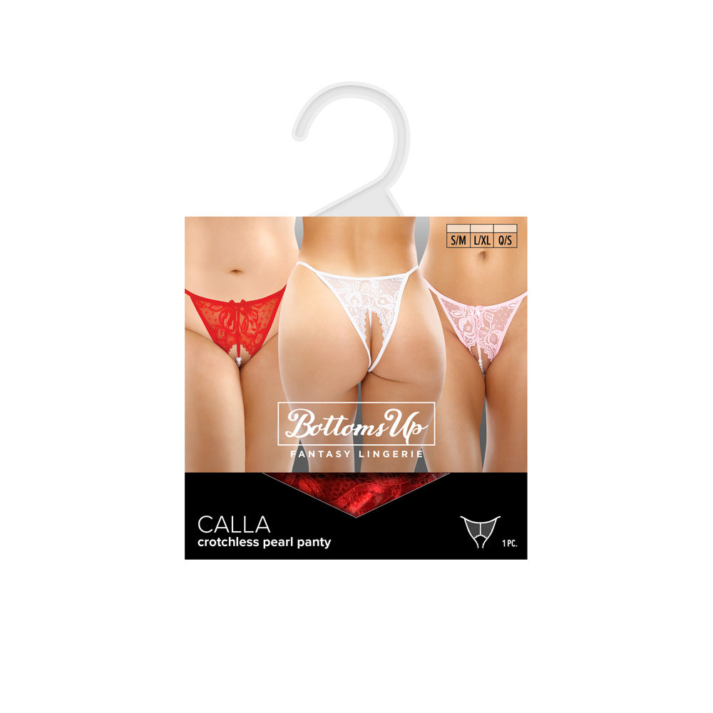 Calla Crotchless Lace Pearl Panty Light Pink Queen Size displayed with other colors on packaging.
