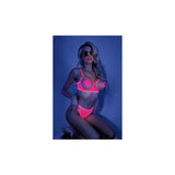 Sweet Escape Open Cup Bra & Crotchless Panty L XL in neon pink, model poses in stylish sunglasses.