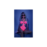 Impress Me Bodysuit With Open Cage Back Neon Pink worn by a model, featuring bold lace and cut-out design.