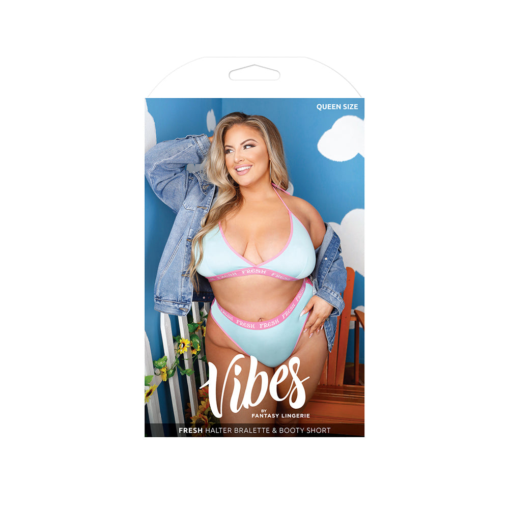 Fresh Halter Bralette & Booty Short Queen Size package featuring a model in light blue lingerie with strappy details.