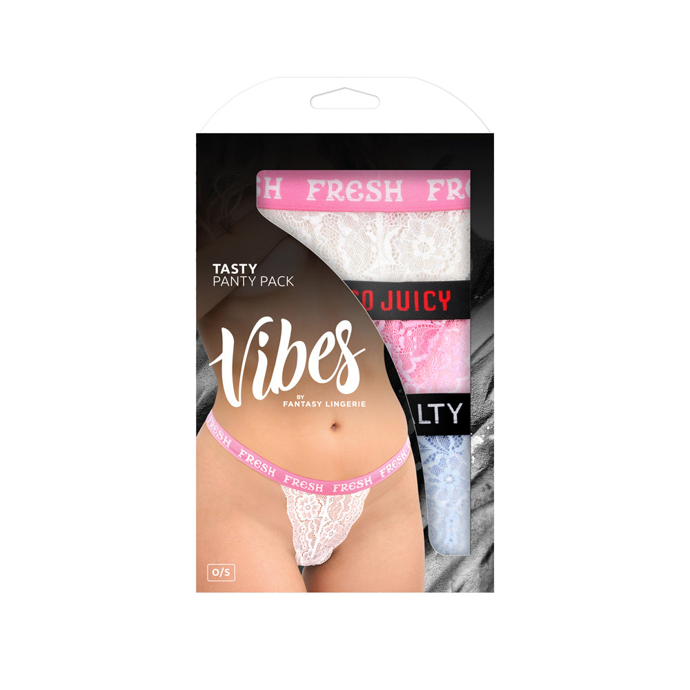 Tasty Vibes 3 Piece Lace Thong Panty Pack showcasing three lace thongs with playful elastic phrases.
