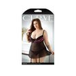 Fantasy Lingerie Madison Gartered Babydoll & Panty packaging featuring a model in black and pink lingerie.