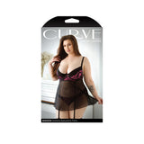 Fantasy Lingerie Madison Gartered Babydoll & Panty packaging featuring a model in black and pink lingerie.