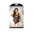 Fantasy Lingerie Audrey Mesh Bodysuit Black 1X 2X displayed on model with criss-cross design and lace detailing.