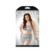 Curve Layne Lace Bralette Garter Skirt Set Gray 1X 2X packaging display featuring a model wearing the lingerie set.