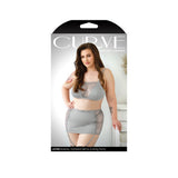 Curve Layne Lace Bralette Garter Skirt Set Gray 1X 2X packaging display featuring a model wearing the lingerie set.
