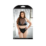 Curve Rebel Wetlook Bra Top & Panty Black 3X 4X lingerie set packaging featuring high-neck halter top and thong panty.