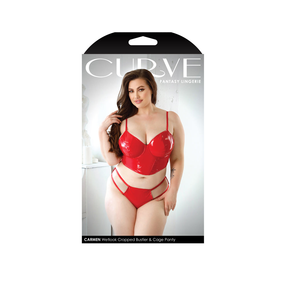 Carmen Wetlook Cropped Bustier & Panty 3X 4X in red on model showcasing sleek design and high-shine finish.