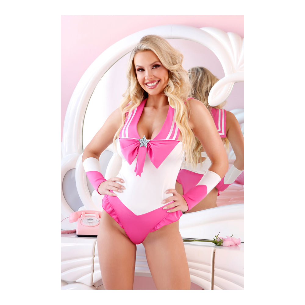 Cosplay With Me Bodysuit Costume Set White Pink L XL worn by a smiling model in a bright room with a stylish mirror.
