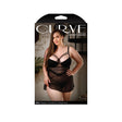 Fantasy Lingerie Emily Chemise G-string Set Black displayed on model in packaging featuring strappy mesh design.
