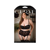 Chloe Keyhole Bra & Gartered High Waisted Panty 1X 2X packaging with model displaying lingerie set in black.