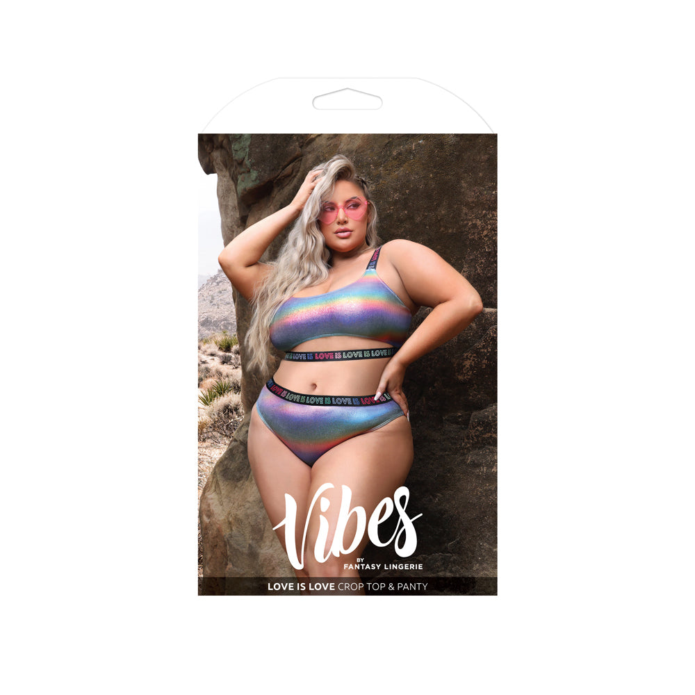 Love Is Love Crop Top & Panty Queen Size set shown on a model in a shimmering rainbow finish.