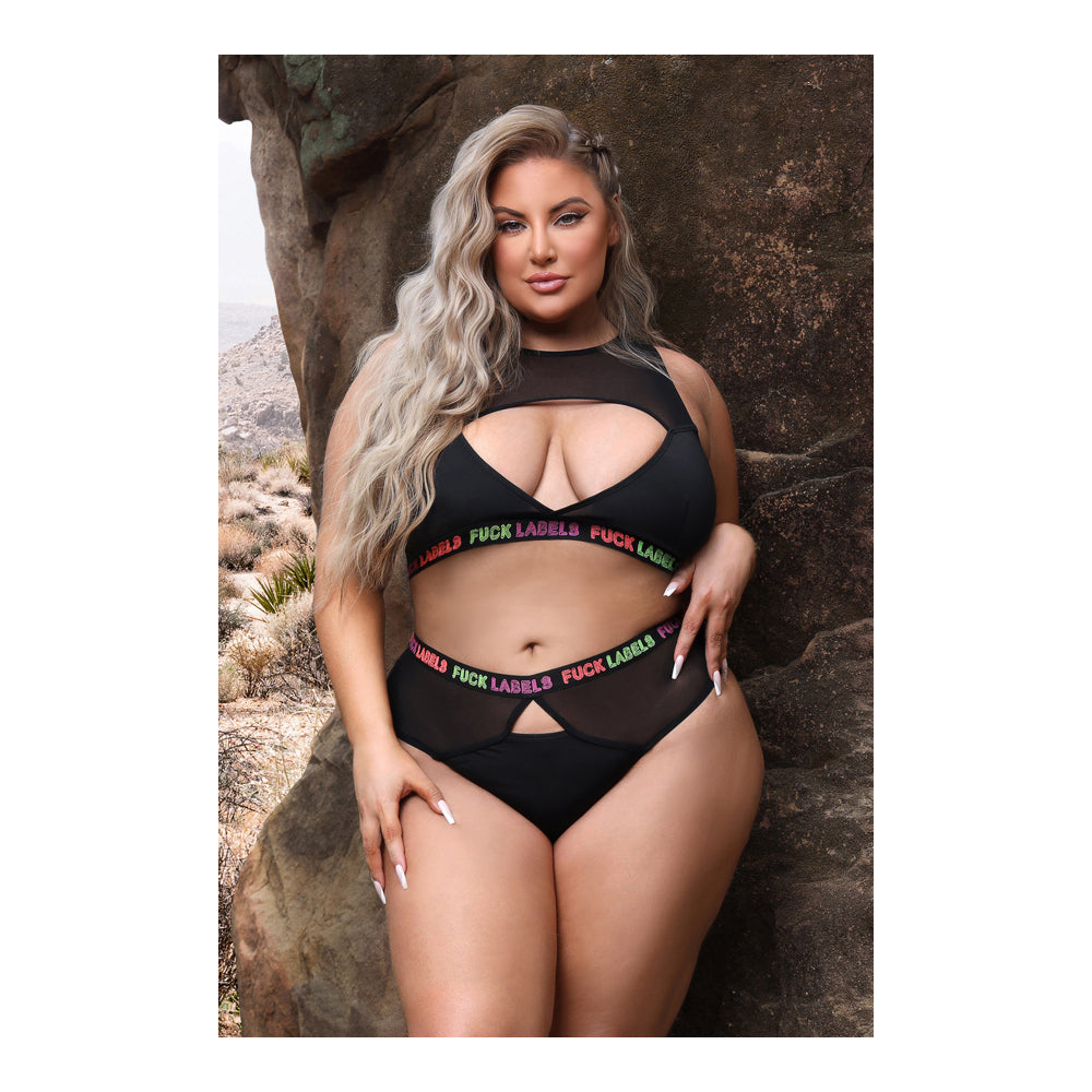 Fuck Labels Crop Top & High Waist Bottoms Queen Size model showcasing bold design in outdoor setting.