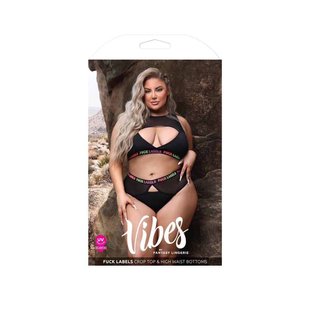 Fuck Labels Crop Top & High Waist Bottoms Queen Size packaging with model showcasing bold design by Fantasy Lingerie.