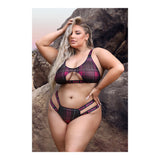 Fuckin' Perfection Cutout Bralette & Panty Queen Size model posing outdoors, showcasing bold plaid mesh lingerie set.