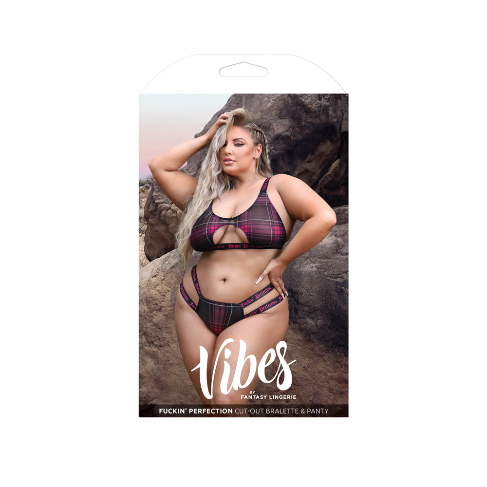 Fuckin' Perfection Cutout Bralette & Panty Queen Size displayed on model in plaid mesh lingerie set.