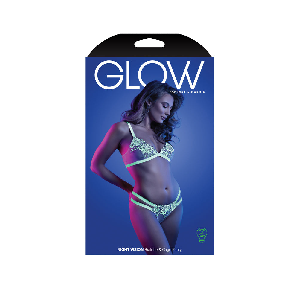 Fantasy Lingerie Night Vision Bralette Cage Panty Set displayed on packaging with vibrant colors.